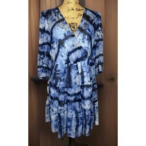 Calvin Klein Women Sz 12 Blue And White Faux Wrap Tie Dye Boho Hippie Soft Lined